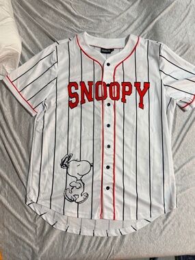 Peanuts Snoopy 50 Baseball Jersey Shirt Size L White Black Red Button Front